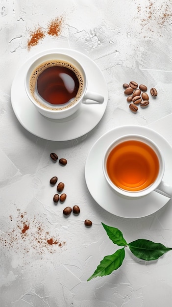 Commercial poster featuring a cup of coffee and a cup of tea on a white background