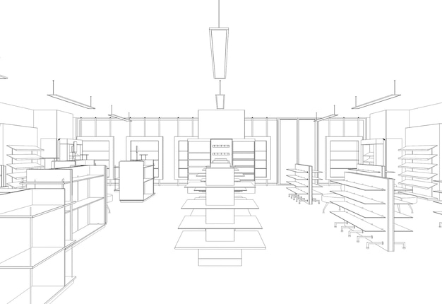 commercial premises shop interior visualization 3d illustration sketch outline