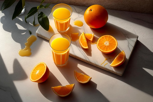 Commercial still life photo of orange juice with glasses over marble surface