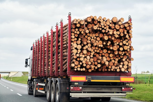 Photo commercial timber transport trucking logs on a summer day along a suburban highway concept commercial timber import in europe