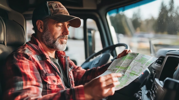 Photo a commercial truck driver in the cab checking maps and planning the route for a longhaul trip