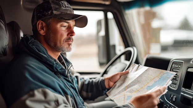 Photo a commercial truck driver in the cab checking maps and planning the route for a longhaul trip