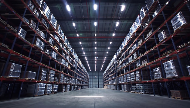 Commercial warehouse industrial logistics facility with tall shelves bottom view