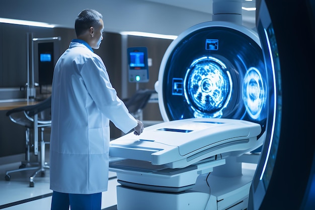 Photo committed ct technician operating an advanced ct scanner in a modern hospital setting