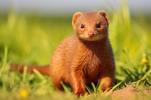 Common dwarf mongoose on green grass in the wild