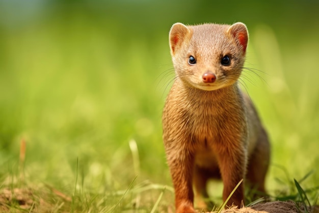 Common dwarf mongoose on green grass in the wild