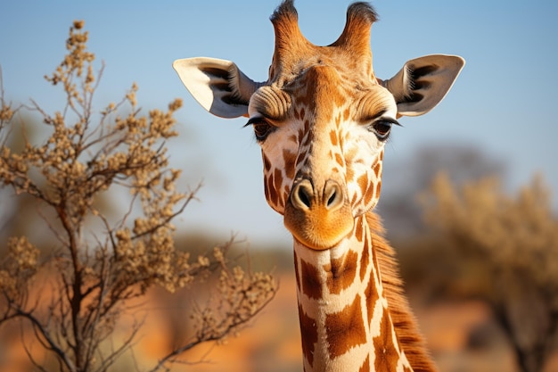 Common giraffe portrait against the blue sky with white clouds in Namibia Nation generative IA