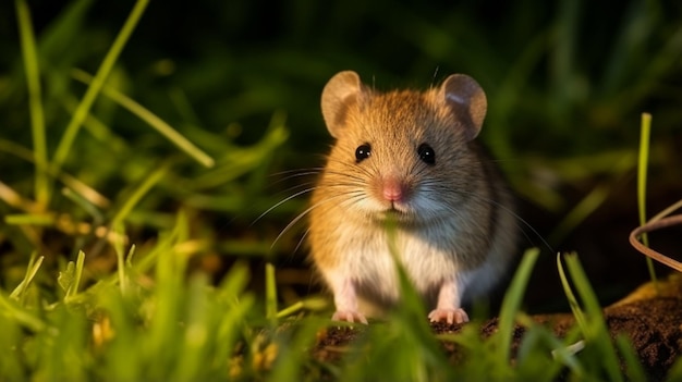 A common vole mouse sits on the grass in the garden at night Microtus arvalis generative ai