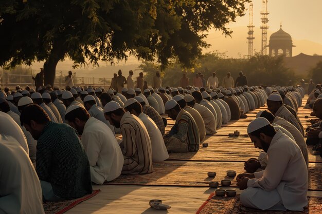 Communal muslim prayers at sunset