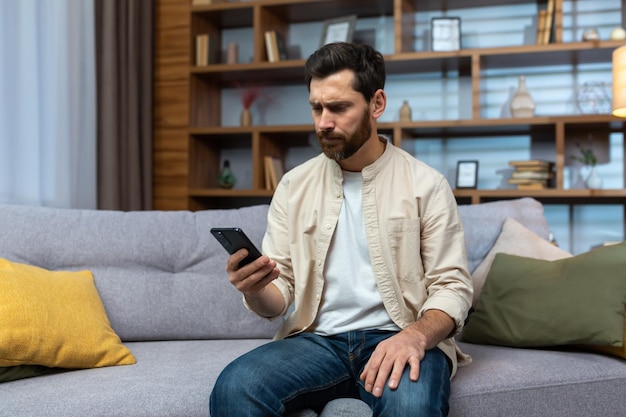 Communication problems a serious young man in a beige shirt sits on the sofa at home holds the phone