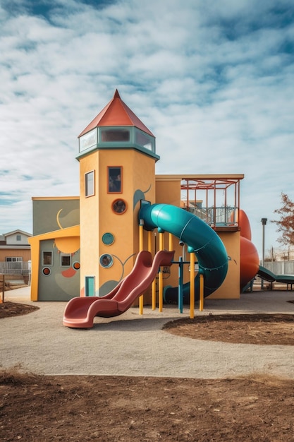 Community center building with a playground created with generative ai