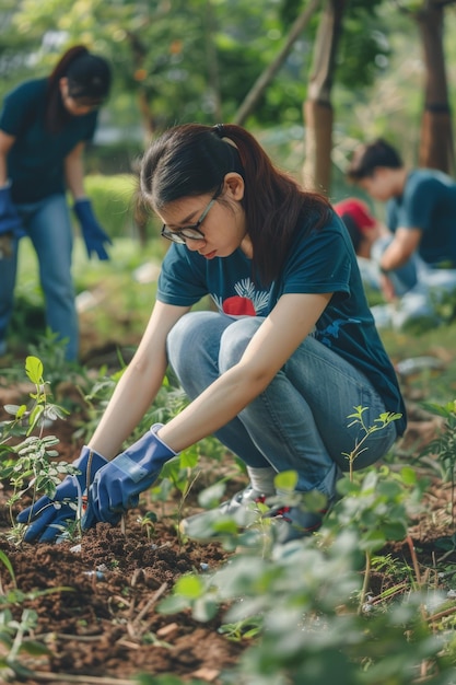 Community Cleanup Event with Volunteers Planting Trees and Picking up Litter for Civic Duty and Environmental Awareness