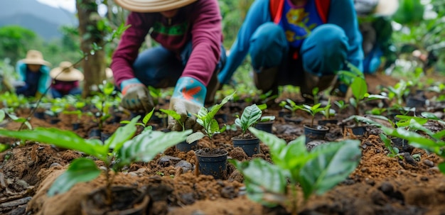 Community garden teamwork planting young seedlings in fertile soil