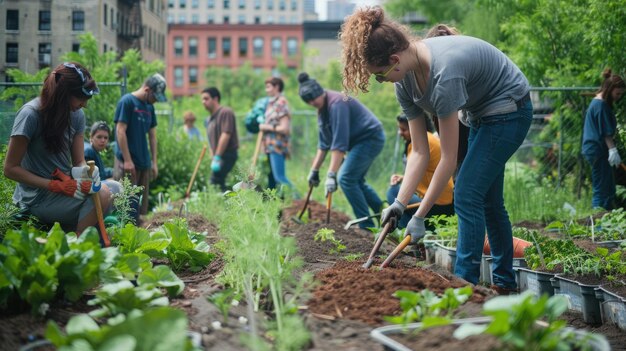 Photo community garden volunteers tending vegetables