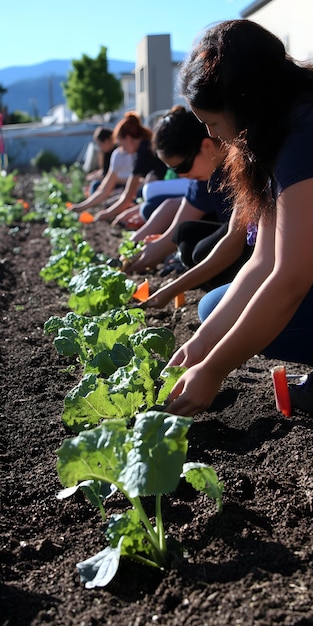 Community garden with volunteers planting vegetables and Grow Together decoration