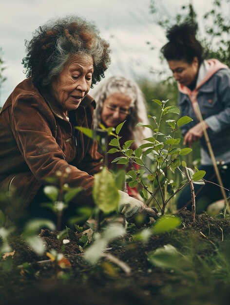 Photo community gardening diverse group planting together