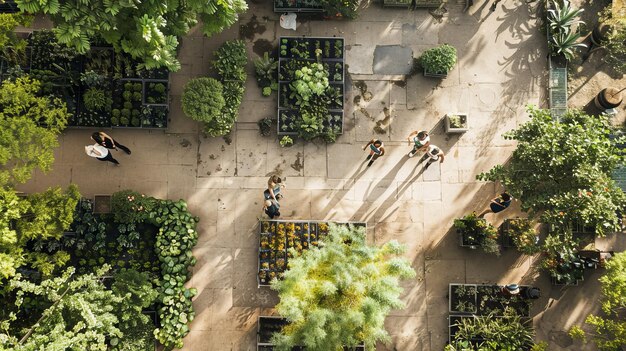 Photo community gardening in urban oasis aerial view of people planting and beautifying park