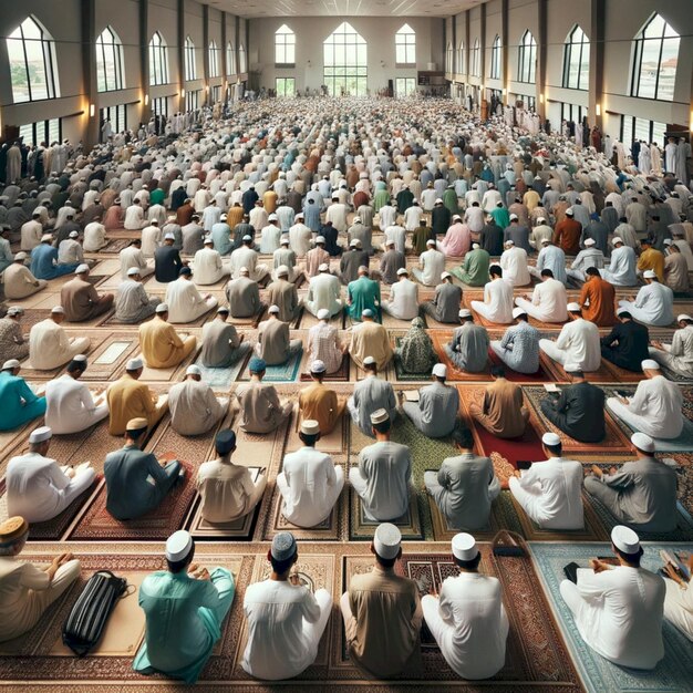 Photo a community gathering in a large hall for eid aladha prayers depicting men and women in separate areas