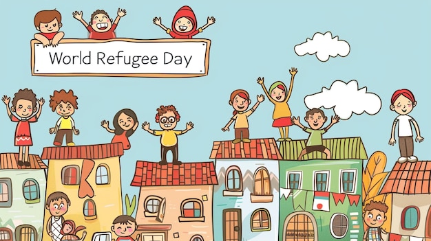 Community and integration emphasized in a World Refugee Day cartoon city poster with diverse familie