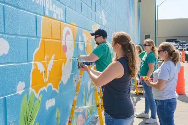 Photo community members painting a colorful mural on a warm sunny day at local park