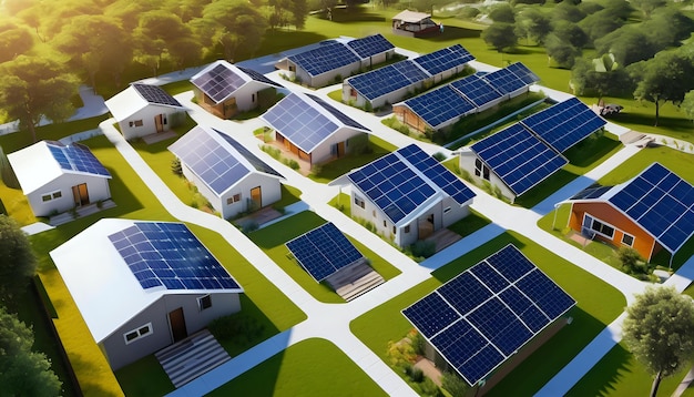 A community microgrid powering homes with rooftop solar panels AI Generativ