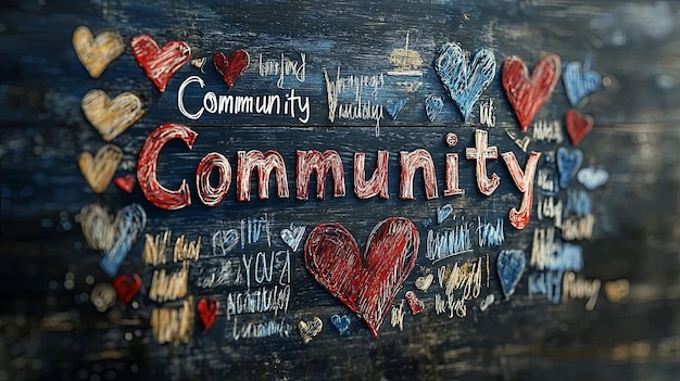 Community word cloud with hand drawn colorful hearts