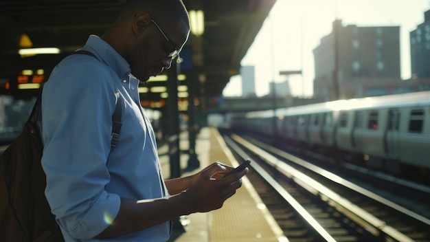 Commuter engrossed in his phone at a sunlit subway station