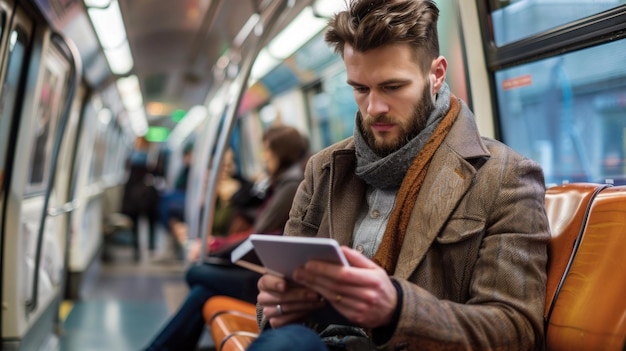 Photo a commuter reading news articles on an ipad on a train