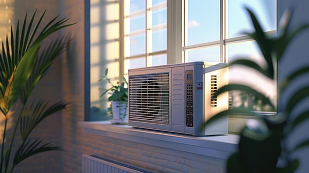 A compact air conditioner unit sits on the window sill ready for use