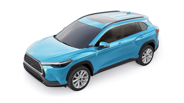 Compact blue SUV with a hybrid engine and fourwheel drive for the city and suburban areas on a white isolated background 3d illustration