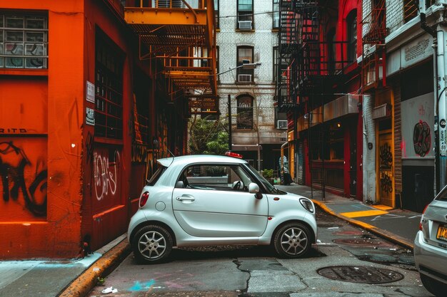 Photo a compact city car parked in a tight spot the cars small size and agile handling make it perfect for navigating narrow city streets and busy traffic