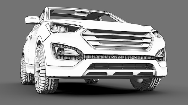 Compact city crossover white color on a gray background. Monochrome schematic image with shadows on the surface. 3d rendering.