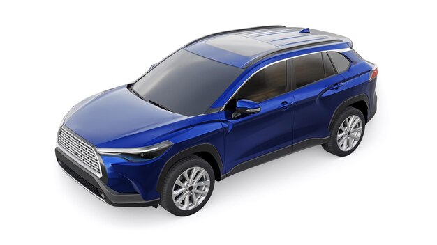 Compact dark blue SUV with a hybrid engine and fourwheel drive for the city and suburban areas on a white isolated background 3d illustration