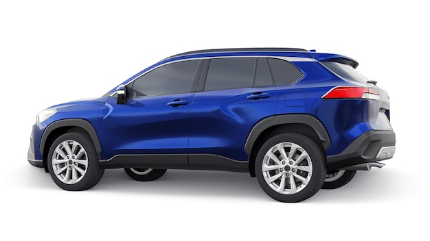 Compact dark blue SUV with a hybrid engine and fourwheel drive for the city and suburban areas on a white isolated background 3d illustration