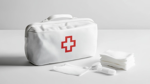 Photo a compact first aid kit with red cross symbol on a clean surface next to folded gauze pads and a pair of scissors