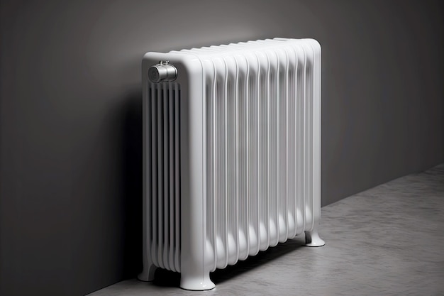 Compact glossy white heating radiator on against grey wall