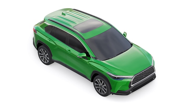 Compact green SUV with a hybrid engine and fourwheel drive for the city and suburban areas on a white isolated background 3d illustration