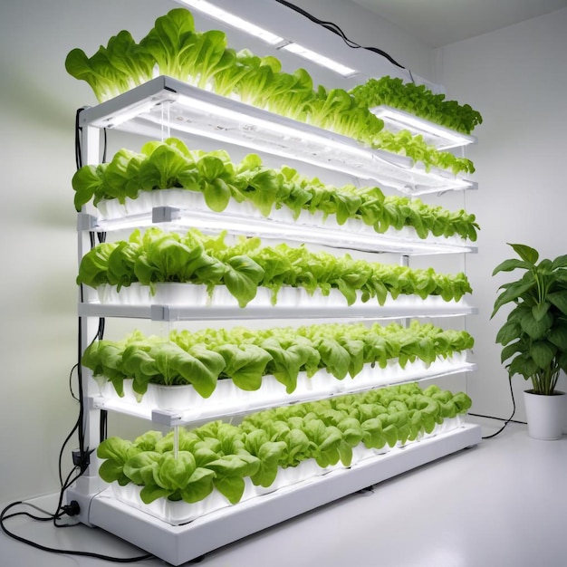 Photo compact hydroponic system efficiently growing rows of plants in a modern soilfree setup