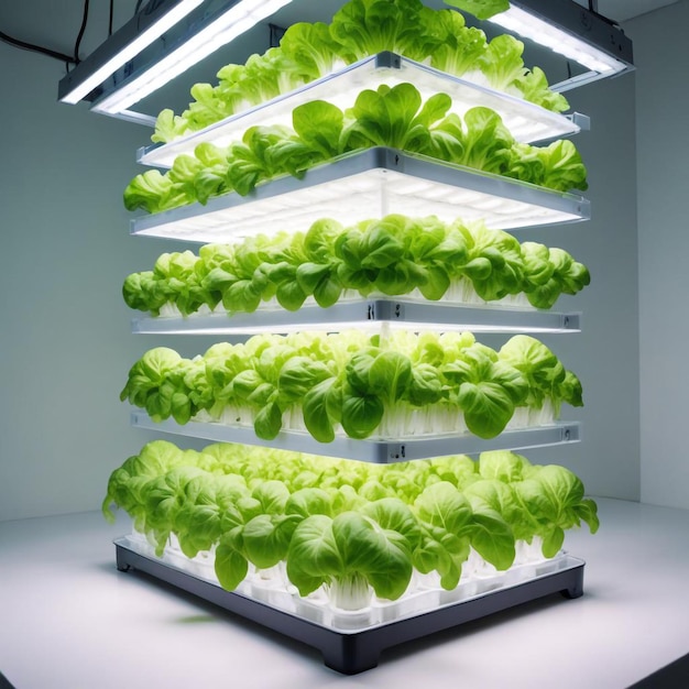 Photo compact hydroponic system efficiently growing rows of plants in a modern soilfree setup