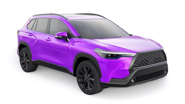 Compact purple SUV with a hybrid engine and fourwheel drive for the city and suburban areas on a white isolated background 3d illustration