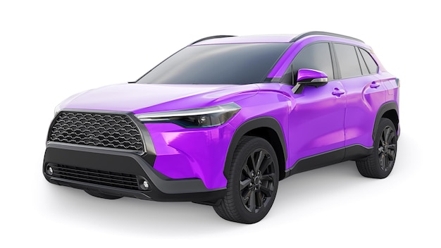 Compact purple SUV with a hybrid engine and fourwheel drive for the city and suburban areas on a white isolated background 3d illustration