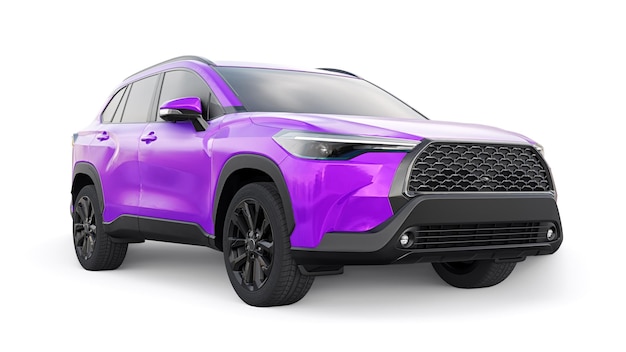 Compact purple SUV with a hybrid engine and fourwheel drive for the city and suburban areas on a white isolated background 3d illustration