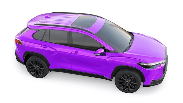 Compact purple SUV with a hybrid engine and fourwheel drive for the city and suburban areas on a white isolated background 3d illustration