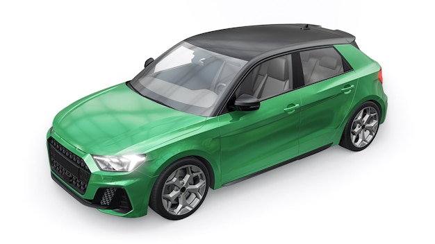 Compact urban premium car in a dark green hatchback on a white isolated background 3d illustration