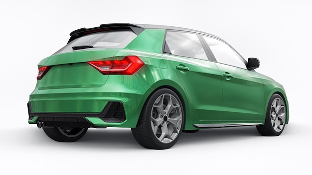 Compact urban premium car in a dark green hatchback on a white isolated background 3d illustration