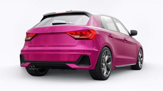 Compact urban premium car in a pink hatchback on a white isolated background 3d illustration