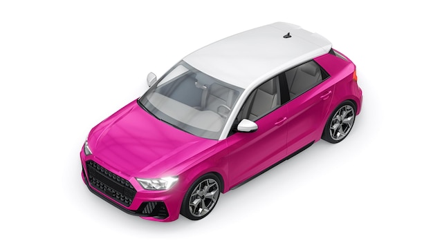 Compact urban premium car in a pink hatchback on a white isolated background 3d illustration