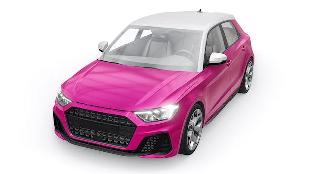 Compact urban premium car in a pink hatchback on a white isolated background 3d illustration