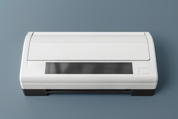 Photo compact white printer on a gray surface ready for use in a modern office environment