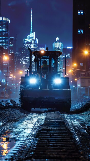 Photo compactor roller illuminated by nighttime construction lights